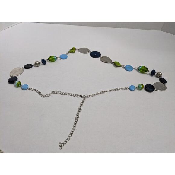 Beaded Necklace flat Oval Disk Boho Ethnic Gemstone Rock Silver Chain VTG Style - Picture 4 of 6